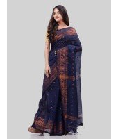 DESH BIDESH Women`s Bengal Cotton Silk Pure Handloom Cotton Saree Kohinoor Work With Blouse Piece(Dark Blue)